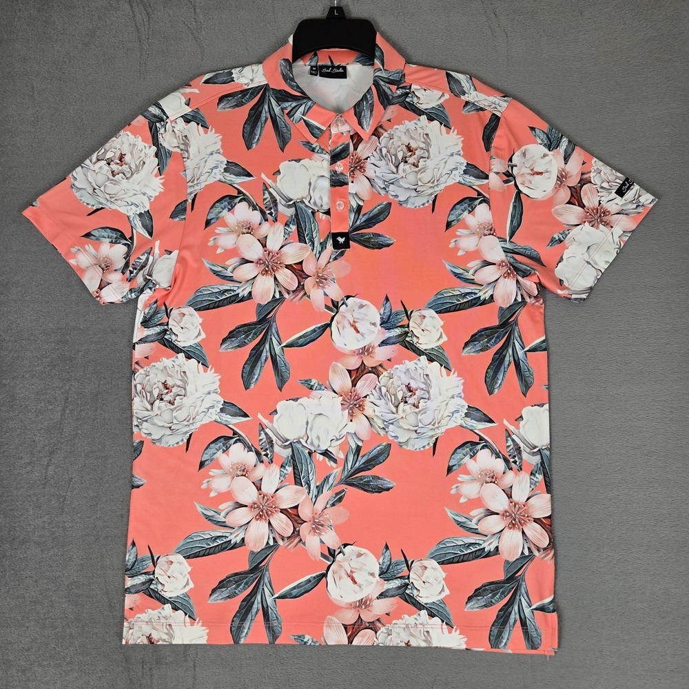 Bad Birdie Polo Shirt Mens Medium‎ Pink Floral Golf Performance Stretch EUC - Picture 2 of 10